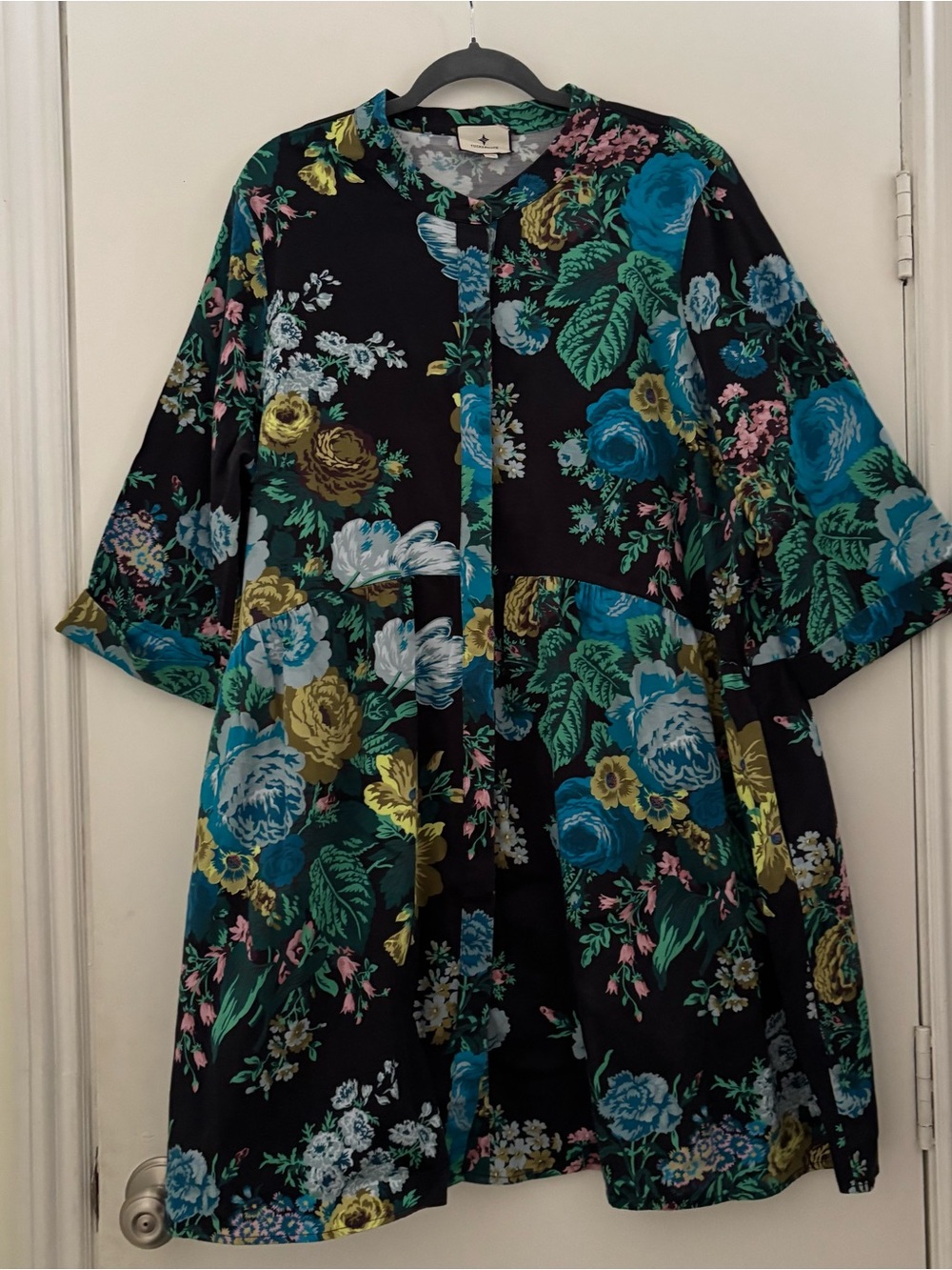 Tuckernuck Sz XXXL Black Verdant Dark Floral Royal Boxy Shirt Dress Button Up - Picture 2 of 10